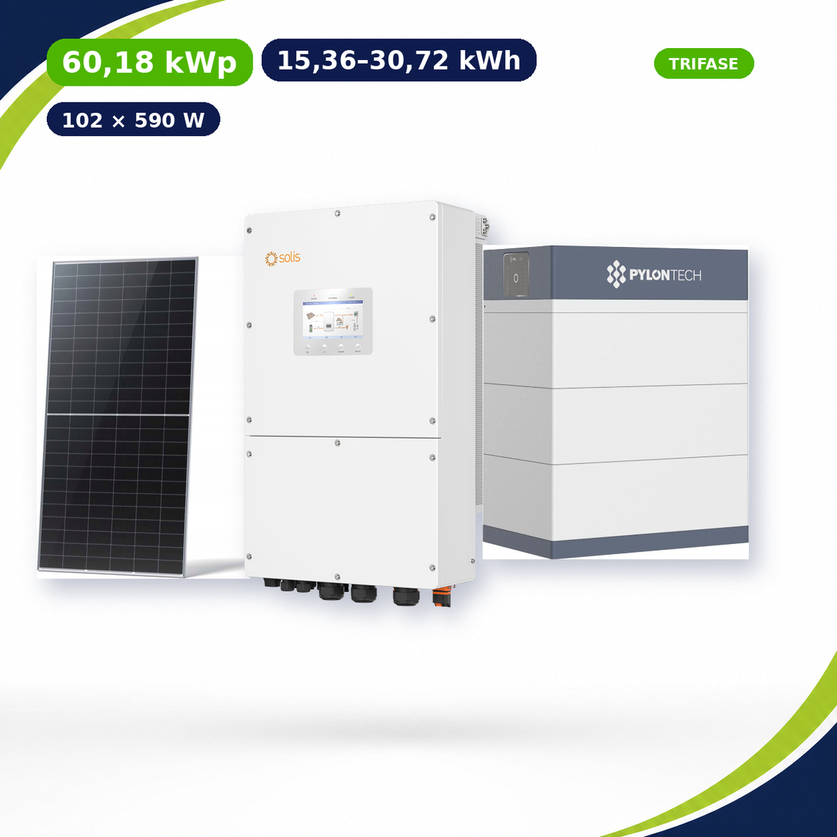 Kit Fotovoltaico Solis 60,18 kWp con Accumulo 15,36–30,72 kWh – Ibrido 50 kW Trifase Commerciale Industriale con Accumulo