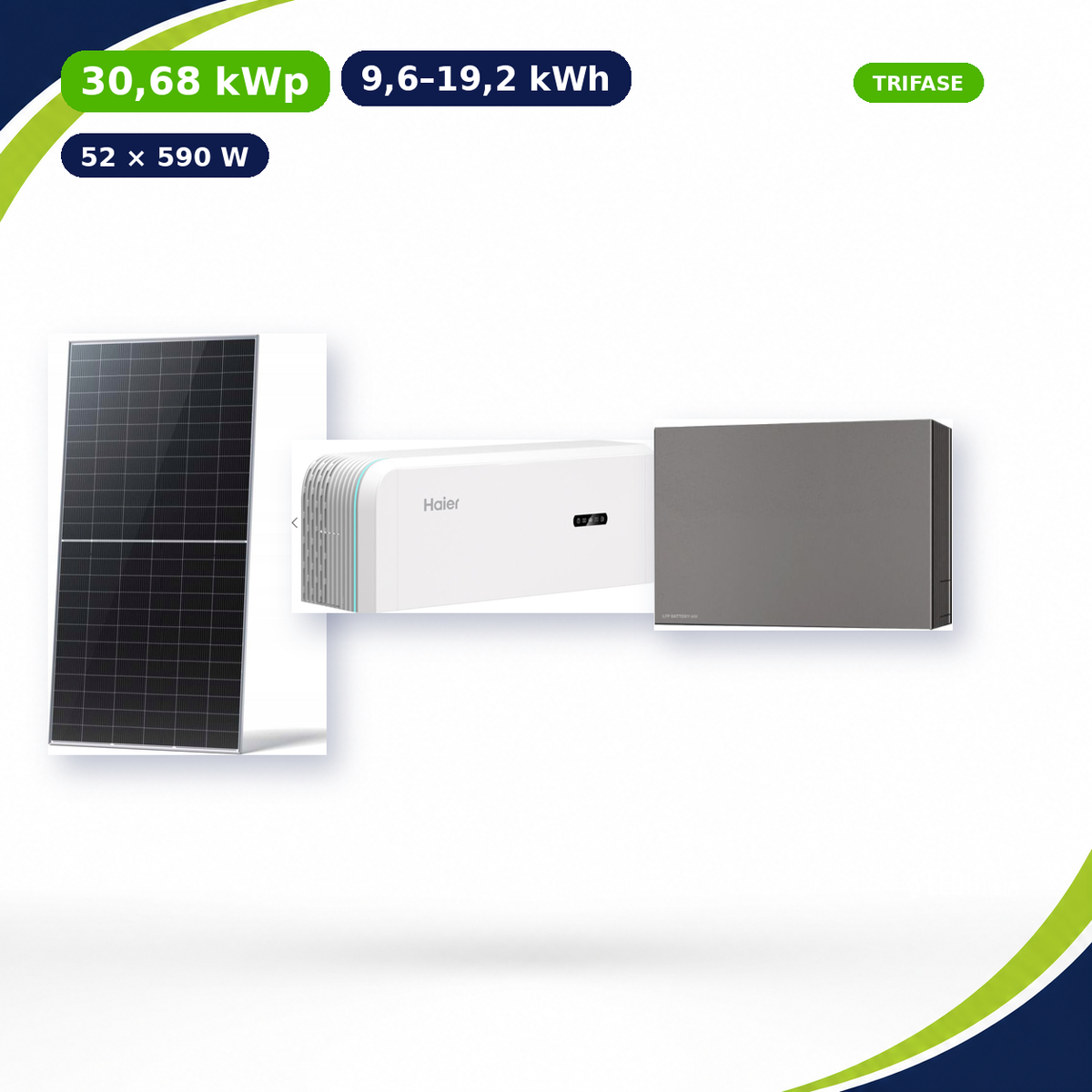 Kit Fotovoltaico Haier 30,68 kWp con Accumulo 9,6–19,2 kWh – Ibrido 25 kW Trifase Commerciale Industriale con Accumulo