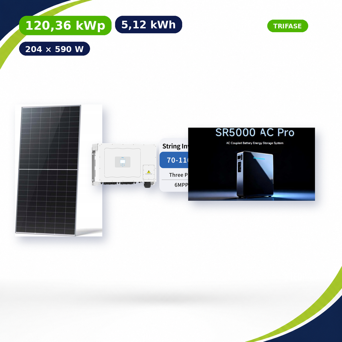 Kit Fotovoltaico Deye 120,36 kWp con Accumulo 5,12 kWh – On-Grid 100 kW Trifase Commerciale Industriale con Accumulo
