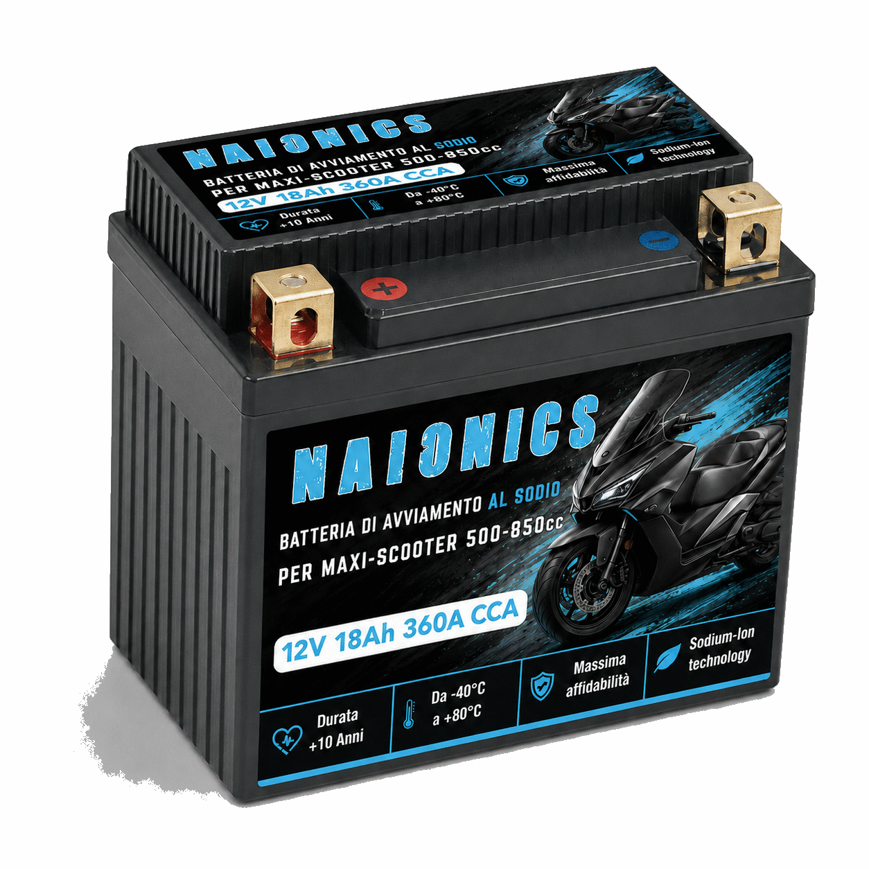 Batteria al Sodio per avviamento Scooter oltre 500cc Naionics 12V 18Ah 360A CCA EverStart Series YTX20L-BS-M8