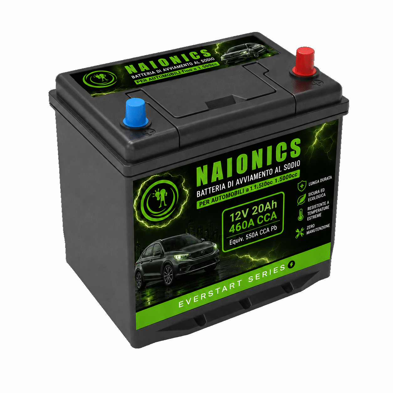 Batteria al Sodio per avviamento Auto fino a 1500cc Naionics 12V 20Ah 460 CCA 260x176x190mm - EverStart Series NA1202001A2