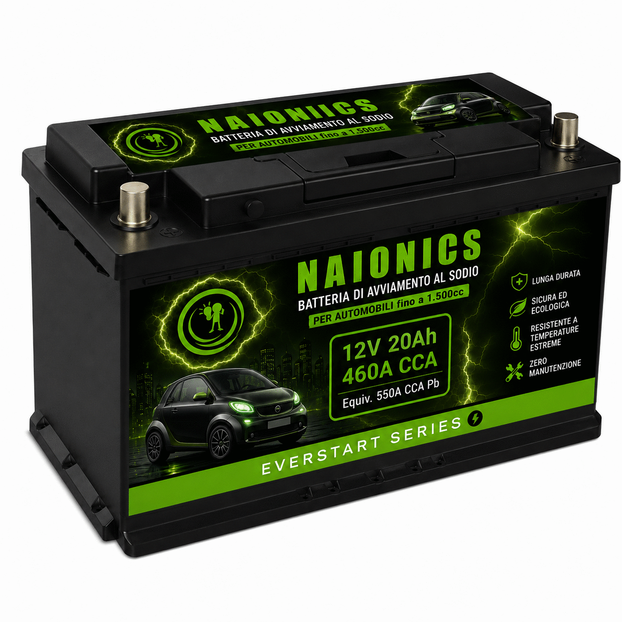 Batteria al Sodio per avviamento Auto fino a 1500cc Naionics 12V 20Ah 460 CCA 306x175x190mm - EverStart Series NA1202001A3