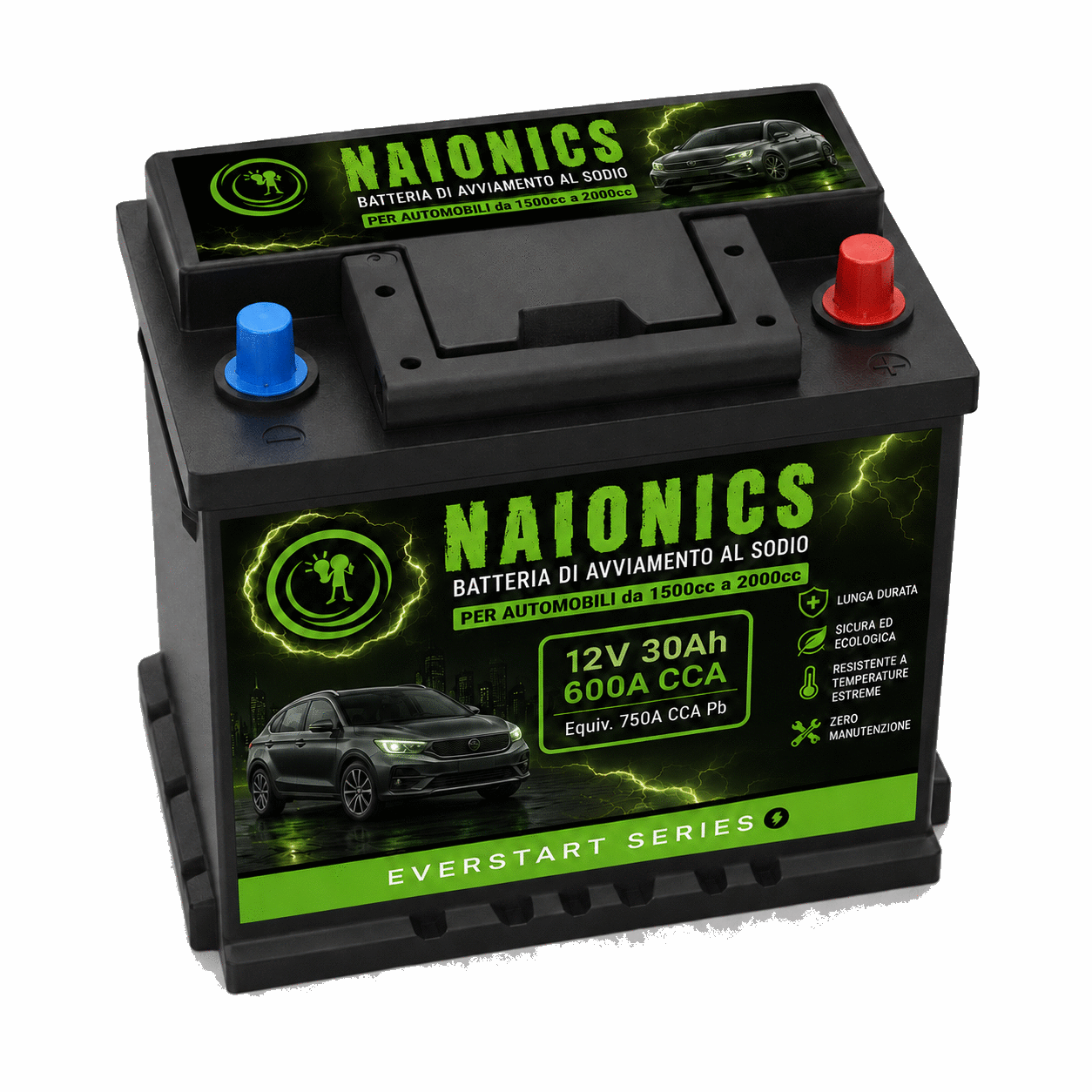 Batteria al Sodio per avviamento Auto da 1500cc a 2000cc Naionics 12V 30Ah 300 CCA 260x176x190mm - EverStart Series NA12030001A2