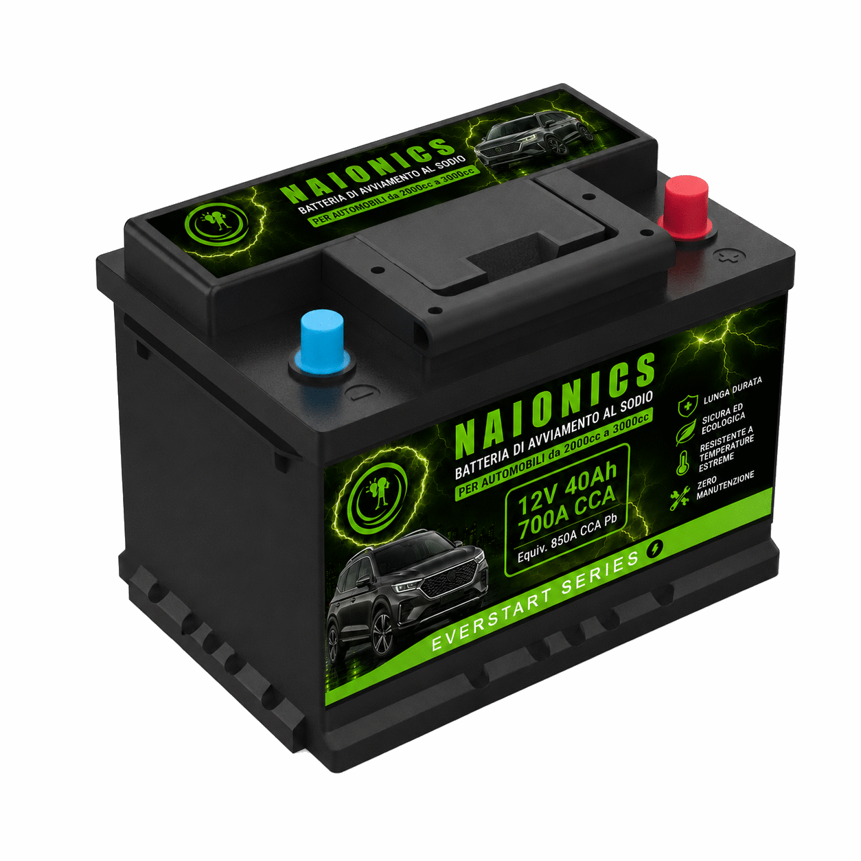 Batteria al Sodio per avviamento Auto da 2000cc a 3000cc Naionics 12V 40Ah 750A CCA 278x175x190mm - EverStart Series NA12040001A2