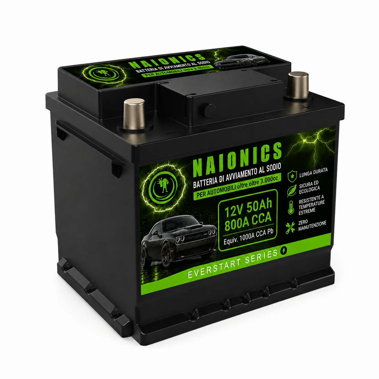 Batteria al Sodio per avviamento Auto oltre 3000cc Naionics 12V 50Ah 800A CCA 244x176x188mm - EverStart Series NA12050001A1