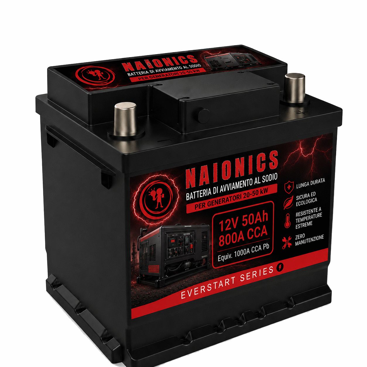 Batteria al Sodio per avviamento Generatori da 20 a 50kW Naionics 12V 50Ah 800A CCA 244x176x188mm - EverStart Series NA12050G3