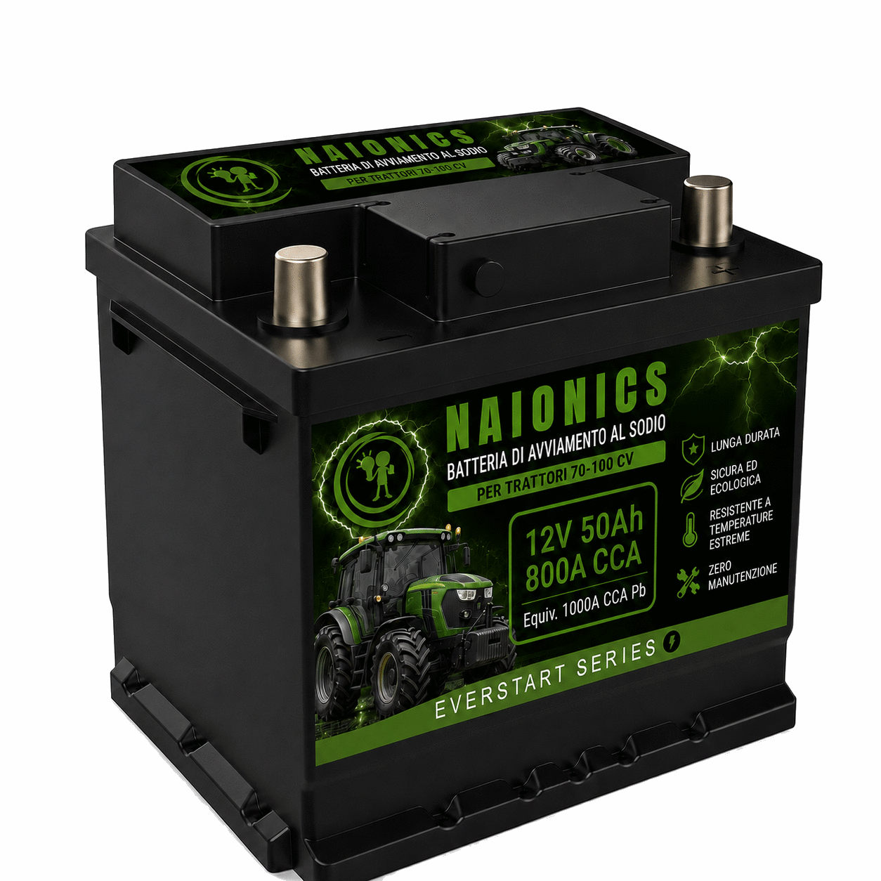 Batteria al Sodio per avviamento Trattori da 70 a 100 CV Naionics 12V 50Ah 800A CCA 244x176x188mm - EverStart Series NA12050T3