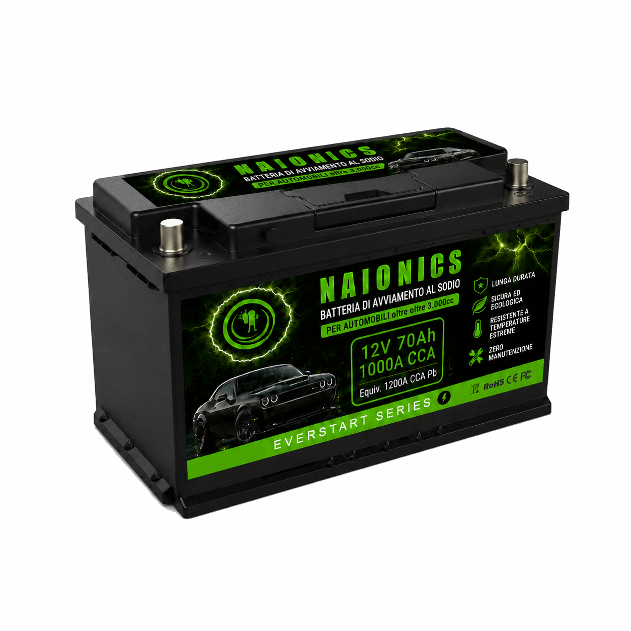 Batteria al Sodio per avviamento Auto oltre 3000cc Naionics 12V 70Ah 1000A CCA 355x176x188mm - EverStart Series NA12070001A1