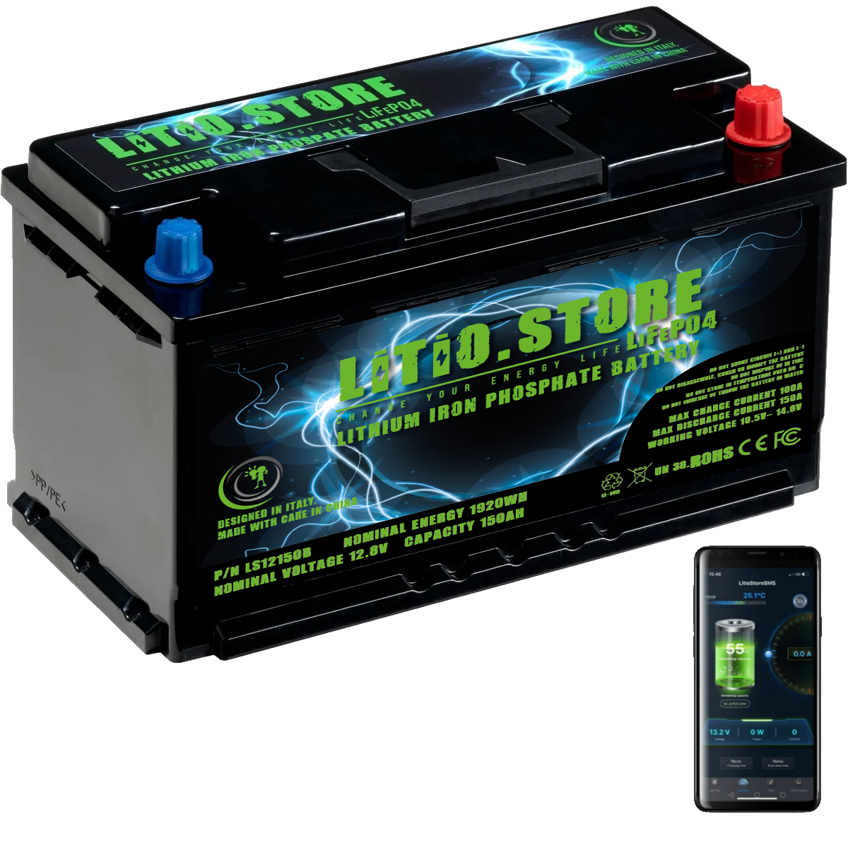 Batterie LiFePO4 12.8V 150Ah litio-ferro-fosfato Abs box BMS Bluetooth –