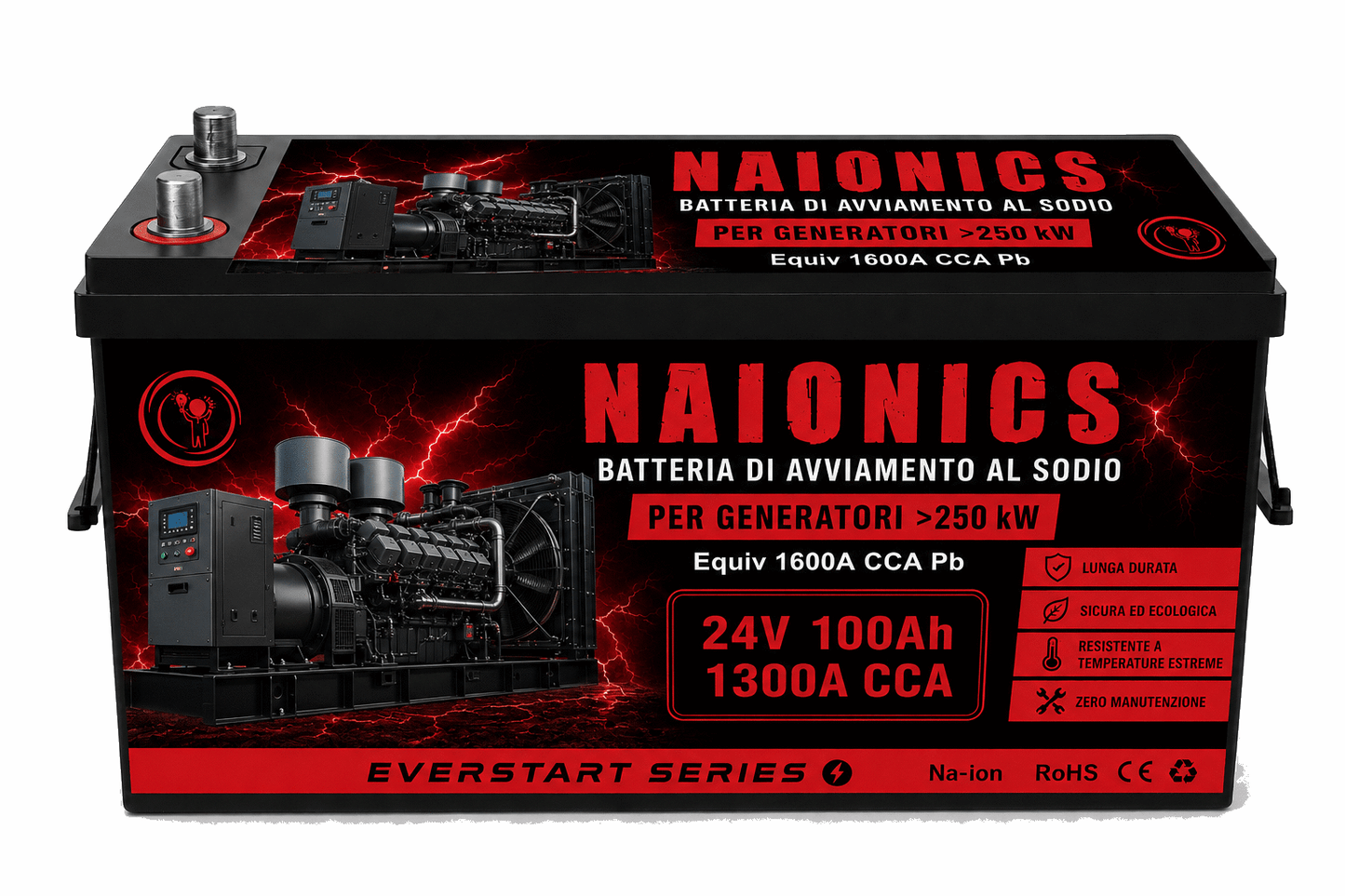 Batteria al Sodio per avviamento Generatori oltre 250kW Naionics 24V 100Ah 1300A CCA Bluetooth 525x240x220mm - EverStart Series NA24100G6