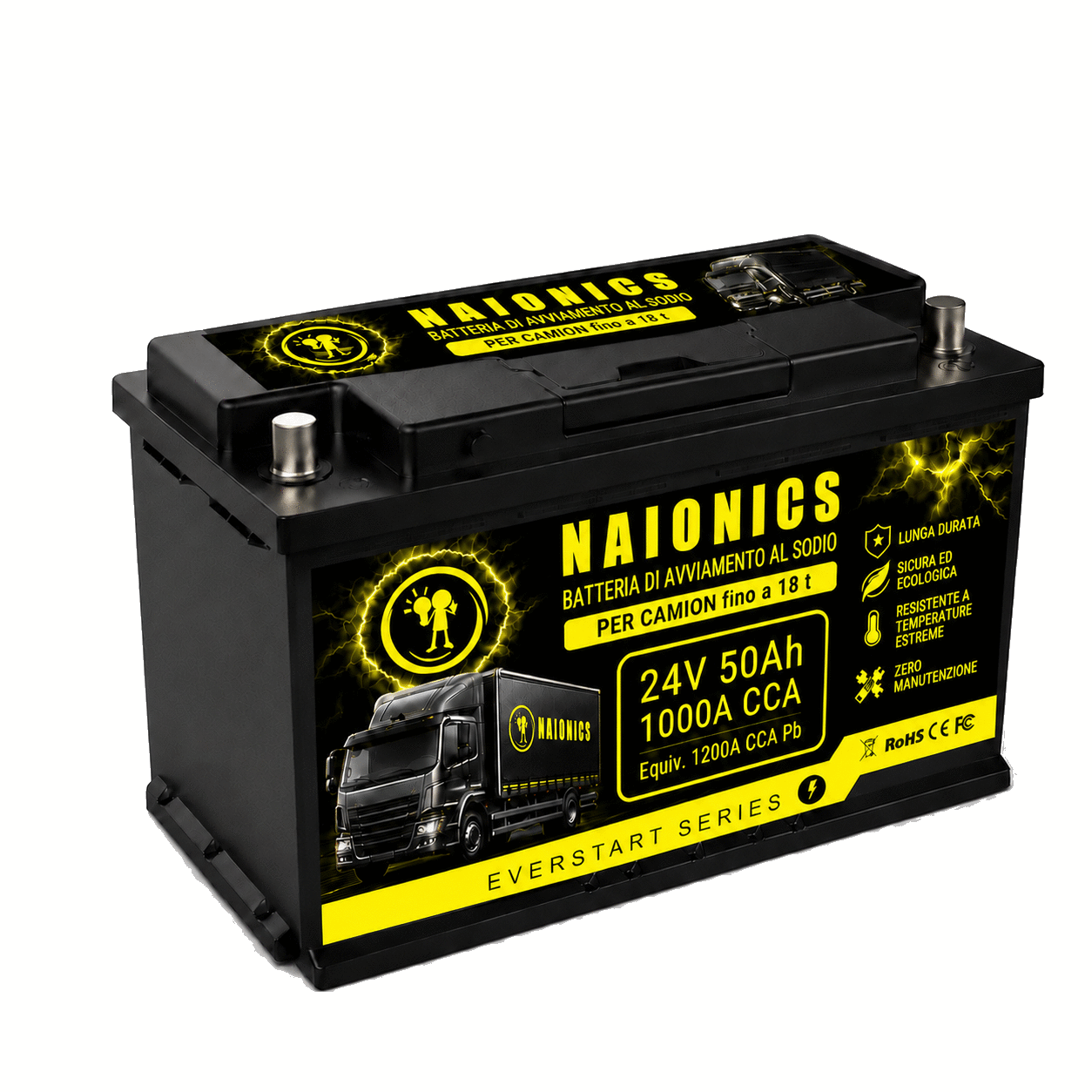 Batteria al Sodio per avviamento Camion fino a 18 t Naionics 24V 50Ah 800A CCA Bluetooth 355x176x188mm - EverStart Series NA24050001A2
