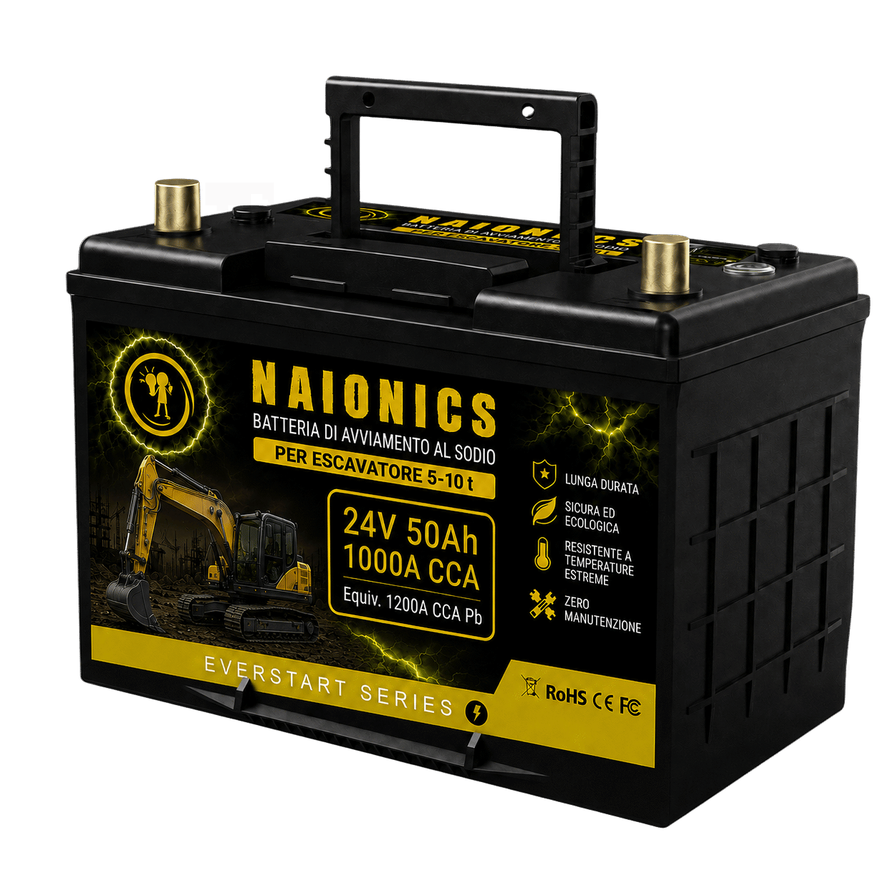 Batteria al Sodio per avviamento Escavatori da 5 a 10 t ton Naionics 24V 50Ah 800A CCA Bluetooth 306x174x222mm - EverStart Series NA24050E3