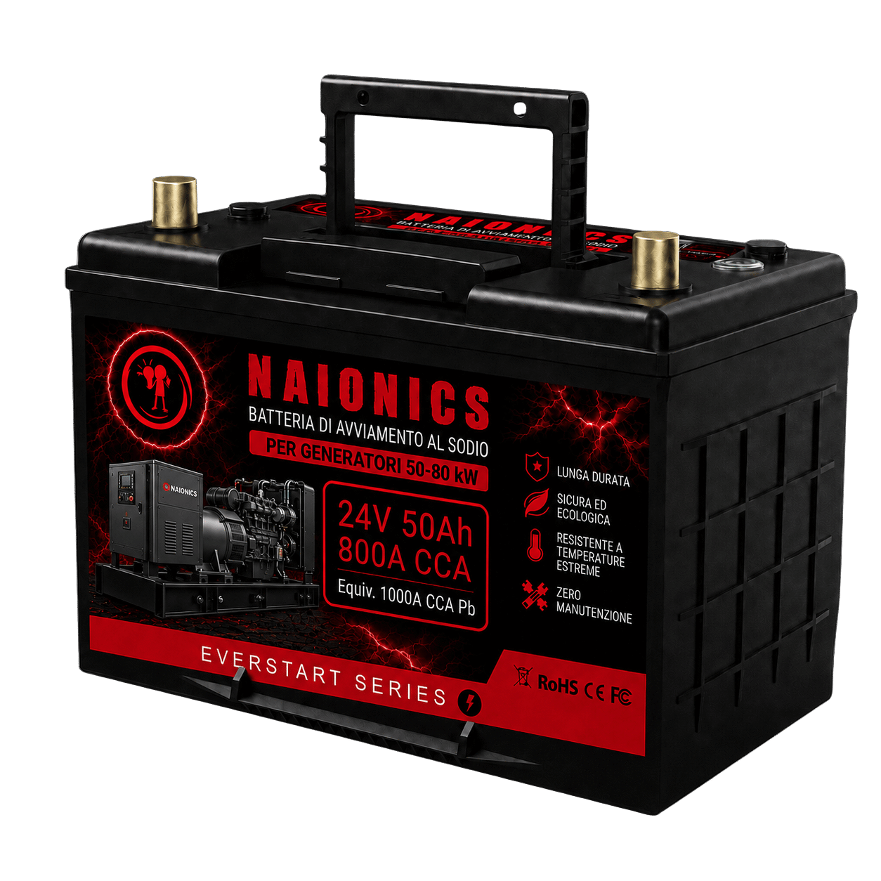 Batteria al Sodio per avviamento Generatori da 50 a 120kW Naionics 24V 50Ah 800A CCA Bluetooth 306x174x222mm - EverStart Series NA24050G4