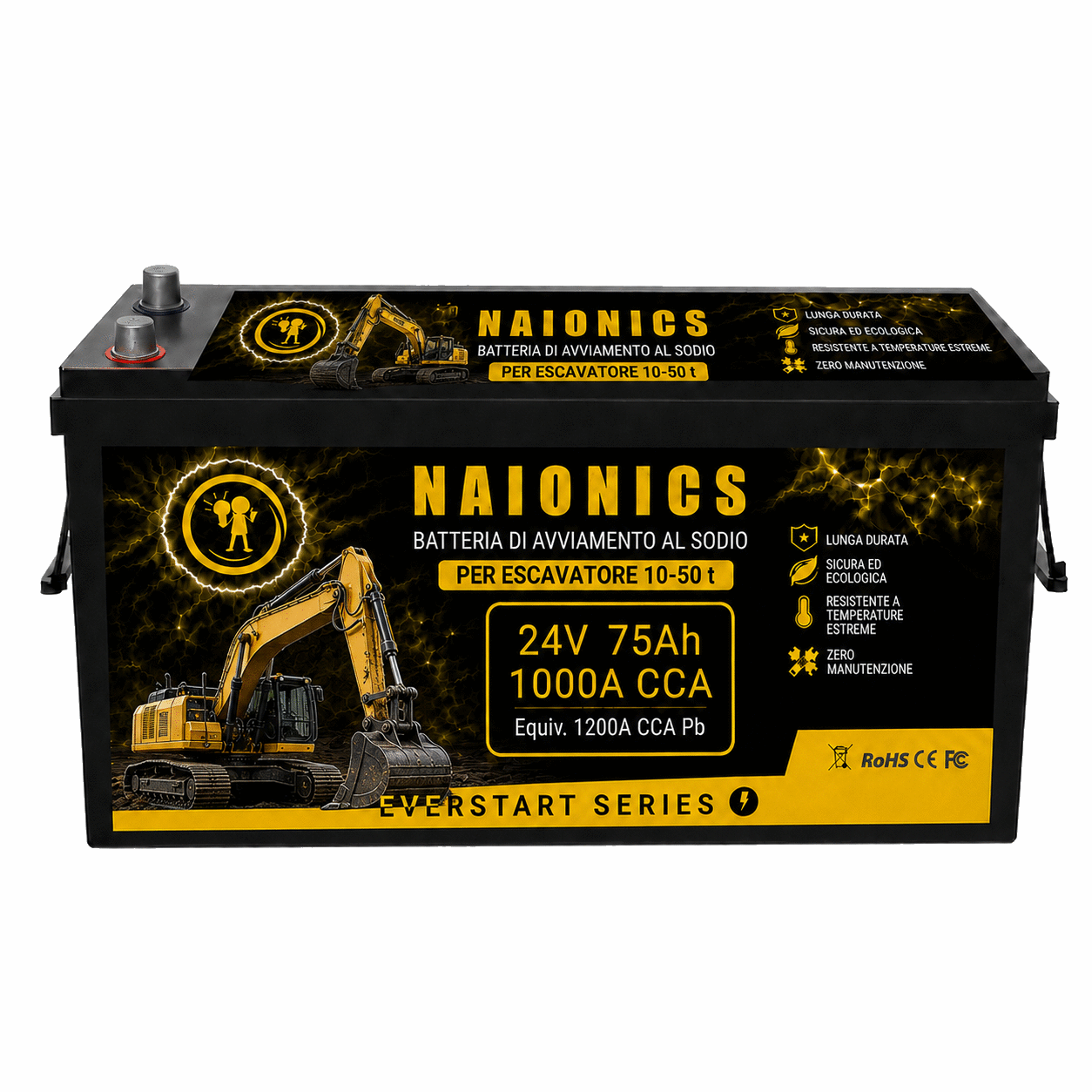 Batteria al Sodio per avviamento Escavatori da 10 a 50 t ton Naionics 24V 75Ah 1000A CCA Bluetooth 525x240x220mm - EverStart Series NA24075E4
