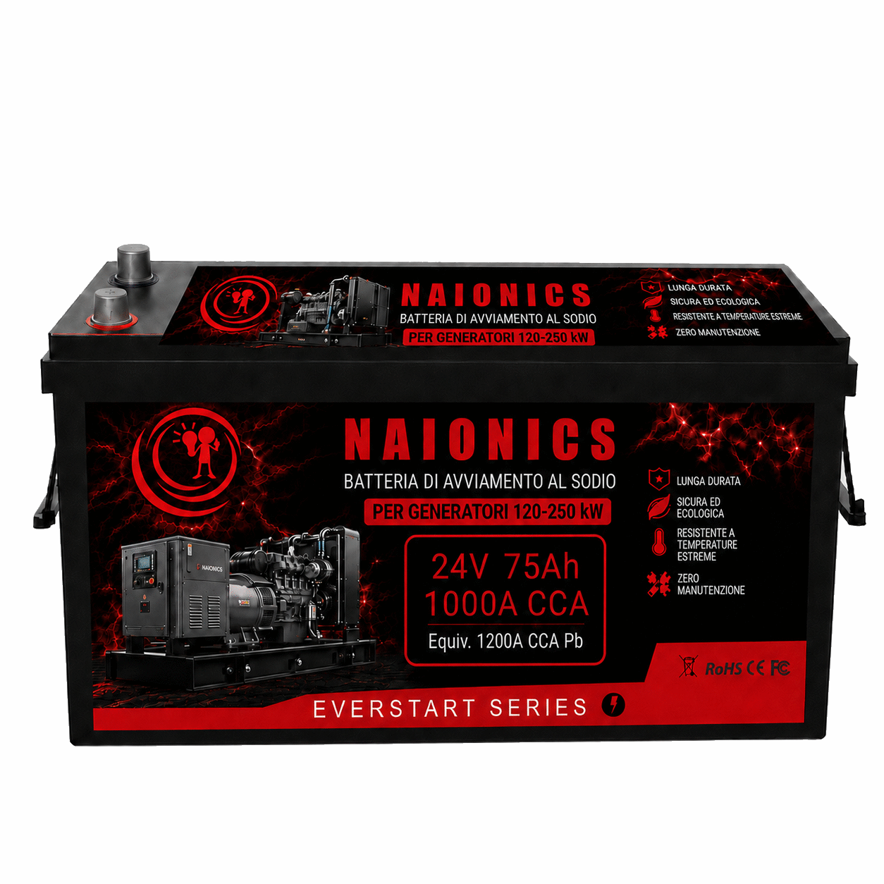 Batteria al Sodio per avviamento Generatori da 120 a 250kW Naionics 24V 75Ah 1000A CCA Bluetooth 525x240x220mm - EverStart Series NA24075G5