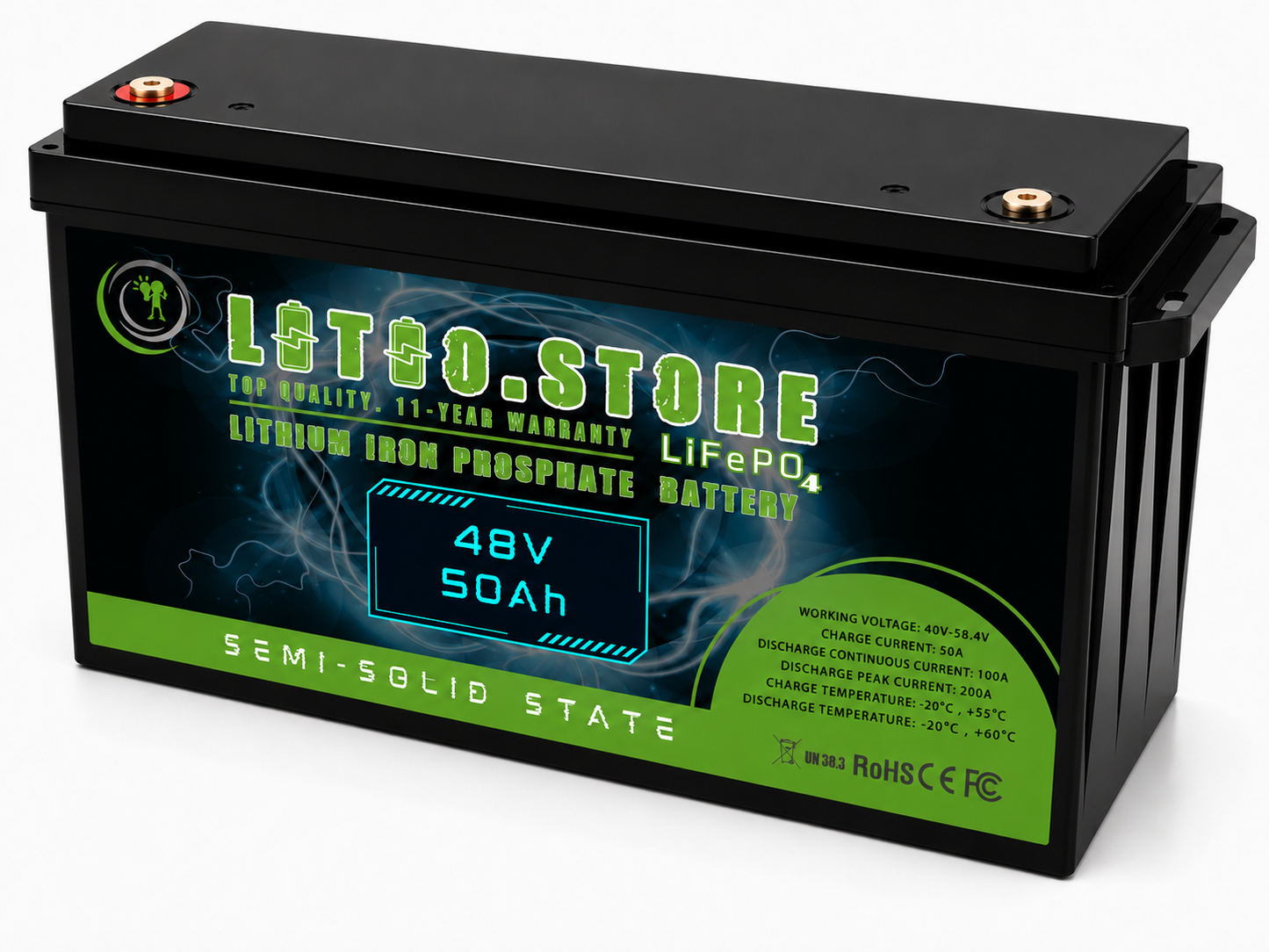 Batteria Litio GEL 48V 50Ah LiFePO4 Stato Semi-Solido 2560Wh Riscaldata LSS485002 Litio Store