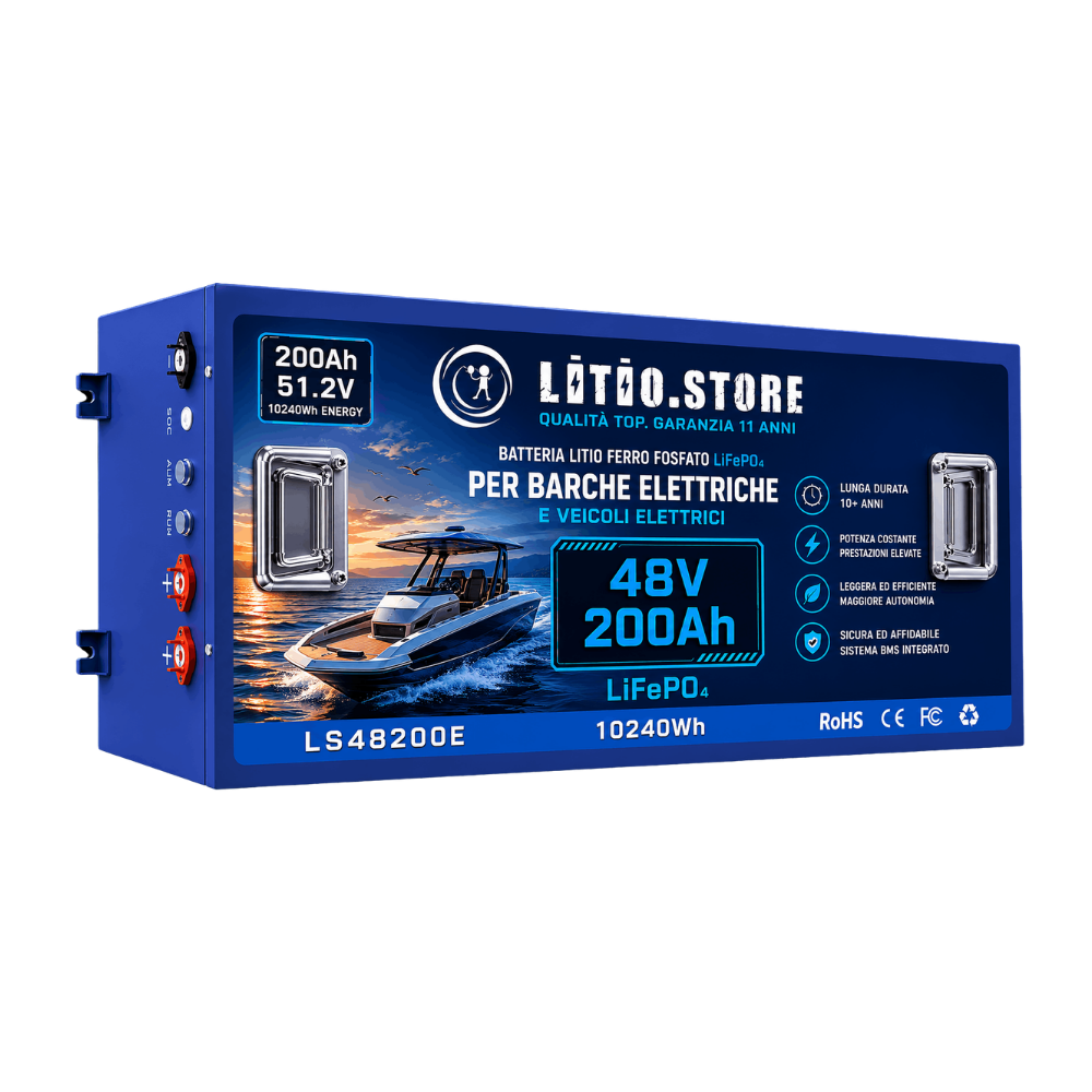Batteria LiFePO4 48V 200Ah litio-ferro-fosfato 200A BMS 10240Wh 10kWh per Barche elettriche - Golf Cars - Litio Store Serie EVS LS48200E