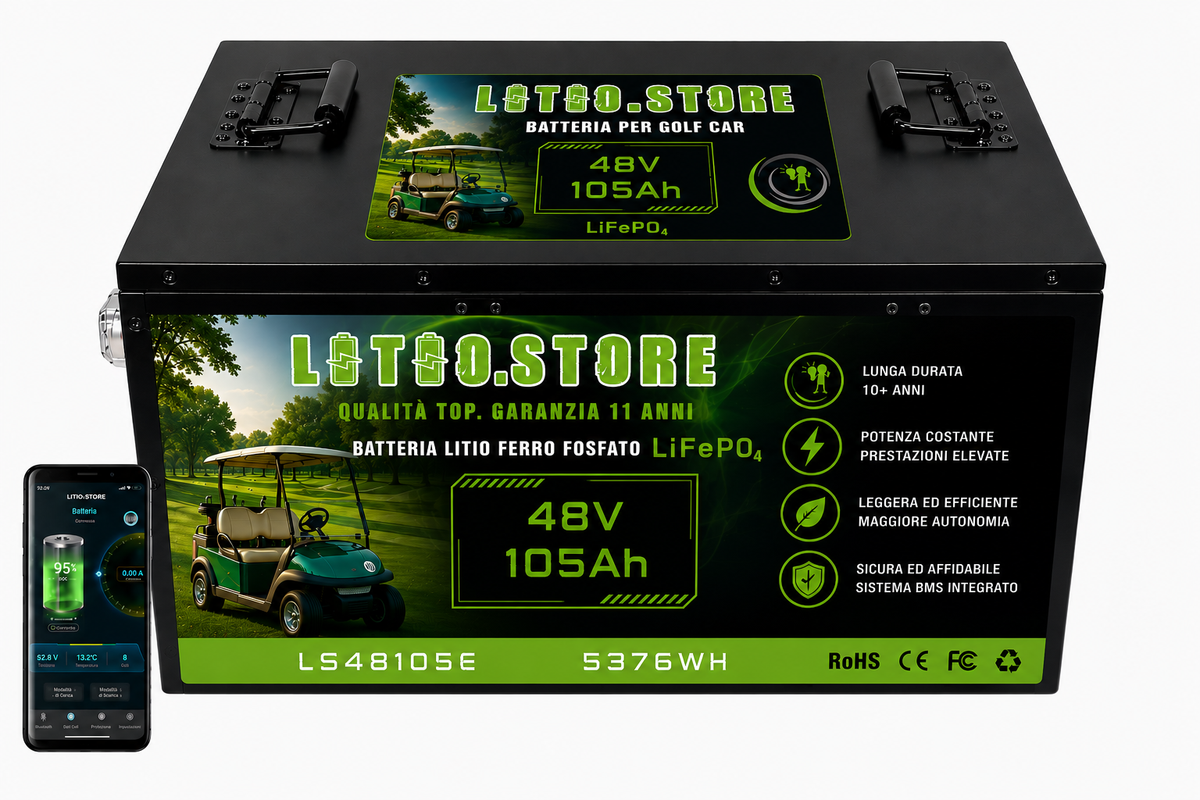Batteria LiFePO4 48V 105Ah litio-ferro-fosfato 200A BMS 5376Wh per Golf Car Barche Litio Store Serie EVS LS48105E2