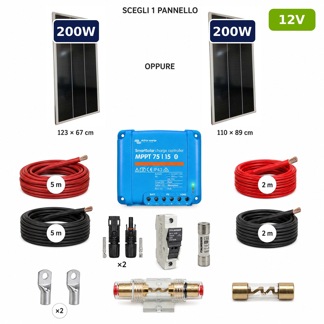 Kit fotovoltaico per batterie 12V 200W con badge verde 12V