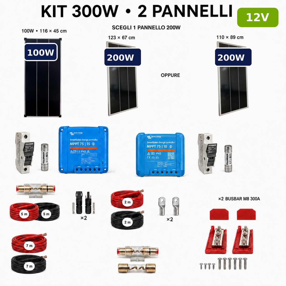 Kit fotovoltaico per batterie 12V 300W con due pannelli, busbar e badge verde 12V