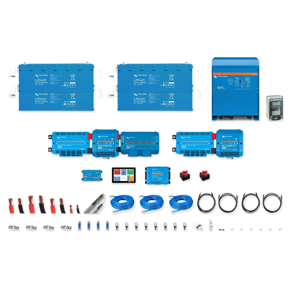 Kit completo Victron Energy 24V 30kWh o 20kWh, Quattro 5kVA o 8kVA con 4 batterie Lithium NG 300Ah o 200Ah, BMS, comunicazione e protezioni – Offerta