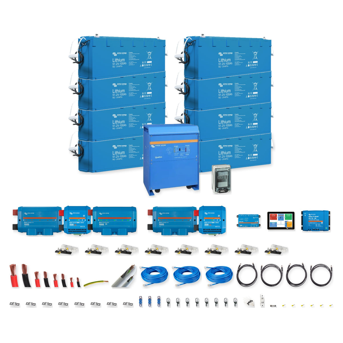 Kit completo Victron Energy 48V 41kWh inverter 10kVA, 8kVA o 6,5kVA con 8 batterie Lithium NG 51,2V 100Ah, BMS, comunicazione e protezioni – Offerta