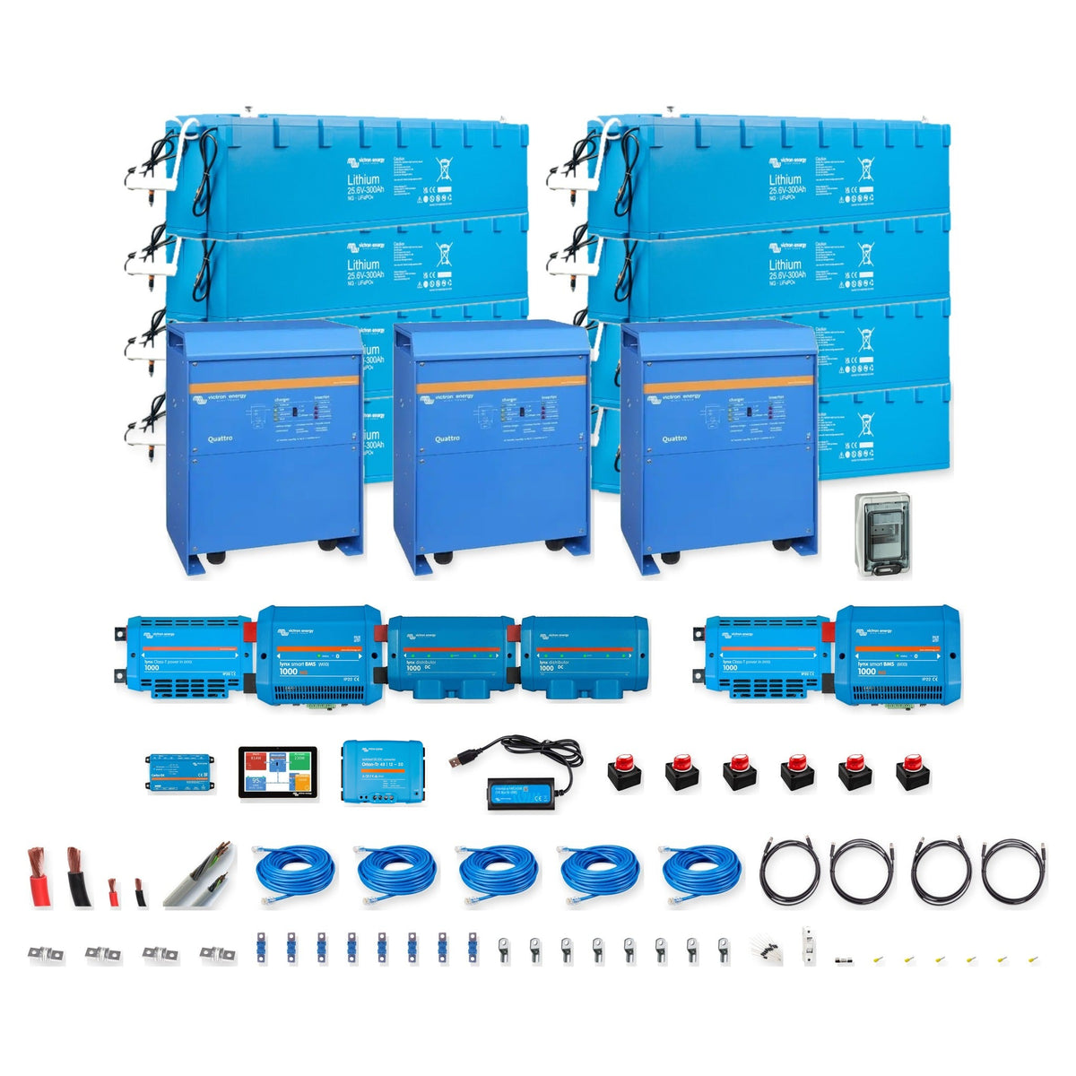 Kit completo Victron Energy trifase 48V 61kWh con 3 inverter Quattro 15kVA (45kVA) e 8 batterie Lithium NG 300Ah, BMS, comunicazione e protezioni – Offerta