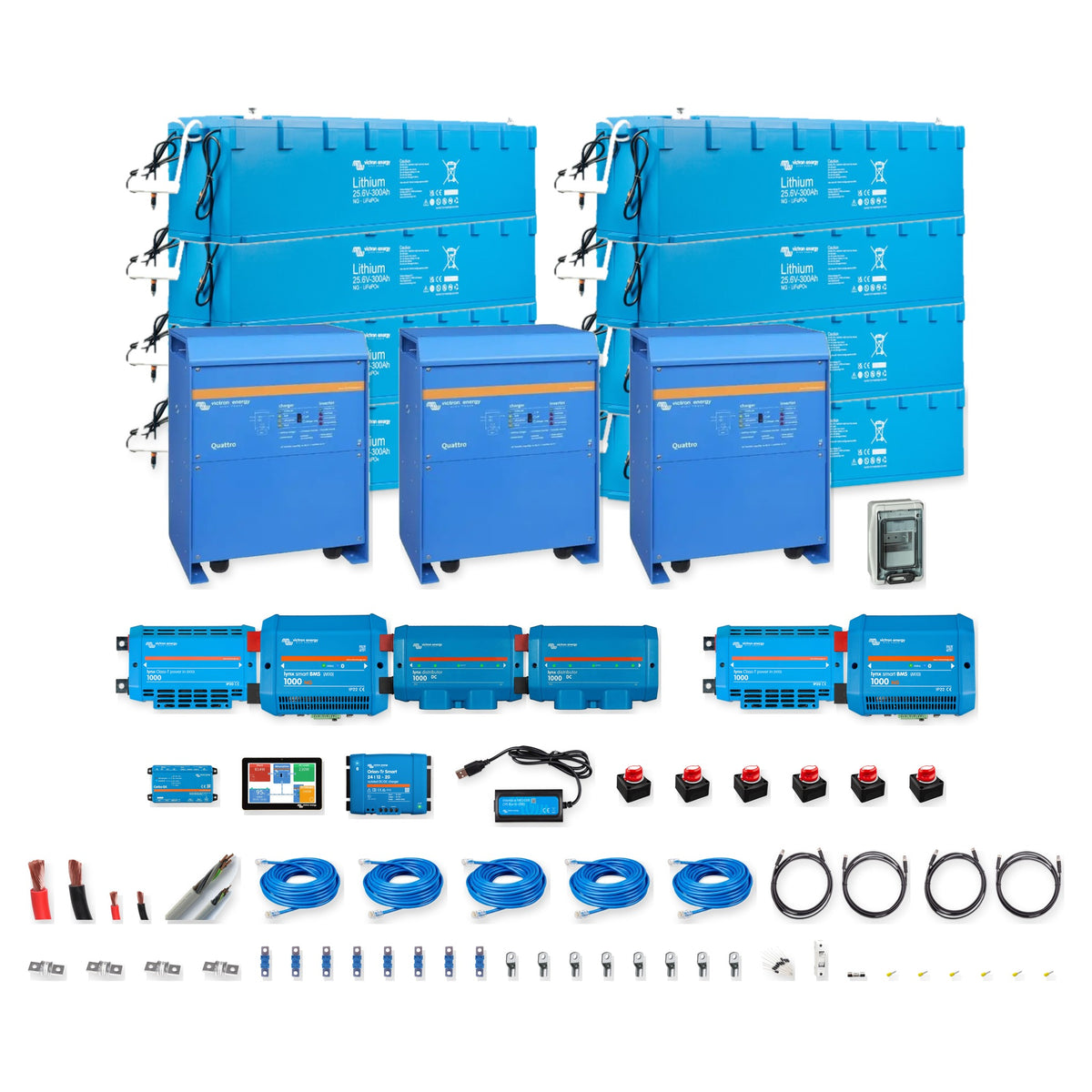 Kit completo Victron Energy trifase 48V 61kWh con 3 inverter Quattro 15kVA (45kVA) e 8 batterie Lithium NG 300Ah, BMS, comunicazione e protezioni – Offerta