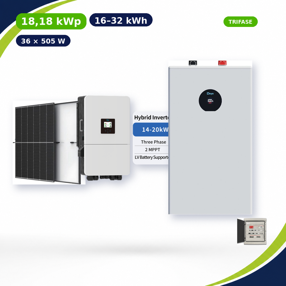Kit Fotovoltaico Deye 18,18 kWp con Accumulo 16–32 kWh – Ibrido 15 kW Trifase Commerciale Industriale con Accumulo