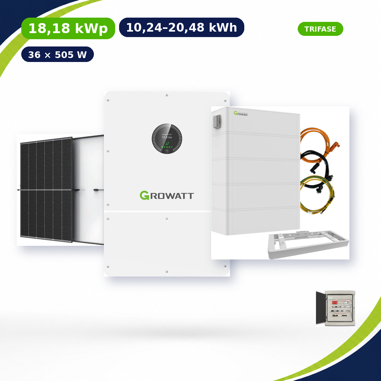 Kit Fotovoltaico Growatt 18,18 kWp con Accumulo 10,24–20,48 kWh – Ibrido 15 kW Trifase Commerciale Industriale con Accumulo