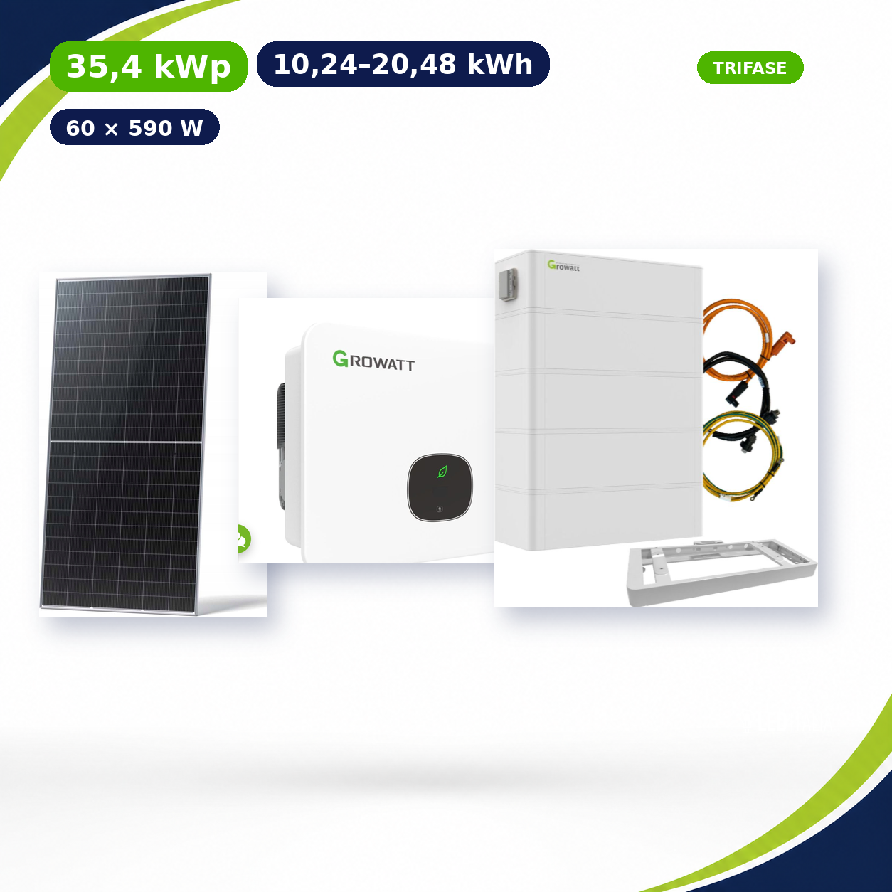 Kit Fotovoltaico Growatt 35,4 kWp con Accumulo 10,24–20,48 kWh – Ibrido 30 kW Trifase Commerciale Industriale con Accumulo