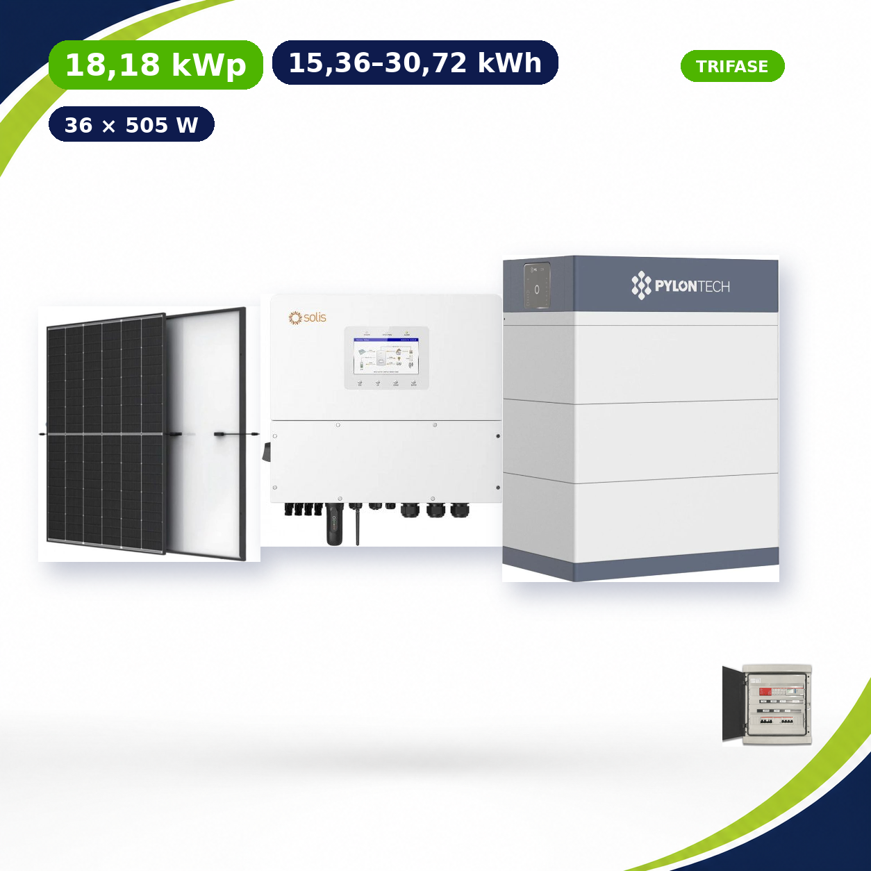 Kit Fotovoltaico Solis 18,18 kWp con Accumulo 15,36–30,72 kWh – Ibrido 15 kW Trifase Commerciale Industriale con Accumulo