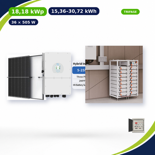 Kit Fotovoltaico Deye 18,18 kWp con Accumulo 15,36–30,72 kWh – Ibrido 15 kW Trifase (Alta Tensione) Commerciale Industriale con Accumulo
