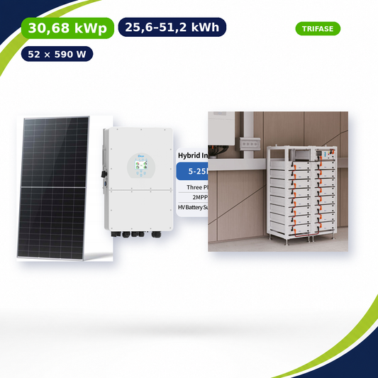 Kit Fotovoltaico Deye 30,68 kWp con Accumulo 25,6–51,2 kWh – Ibrido 25 kW Trifase Commerciale Industriale con Accumulo