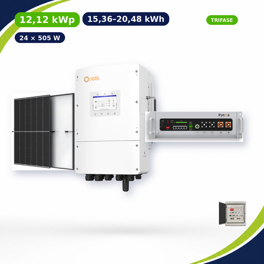 Kit Fotovoltaico Solis 12,12 kWp con Accumulo 15,36–20,48 kWh – Ibrido 10 kW Trifase Commerciale Industriale con Accumulo