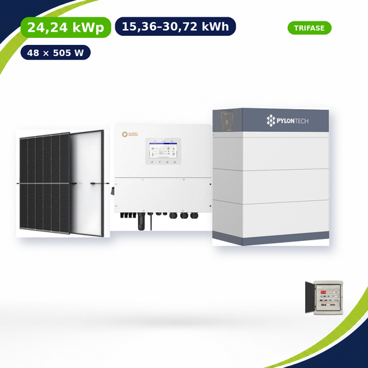 Kit Fotovoltaico Solis 24,24 kWp con Accumulo 15,36–30,72 kWh – Ibrido 20 kW Trifase Commerciale Industriale con Accumulo