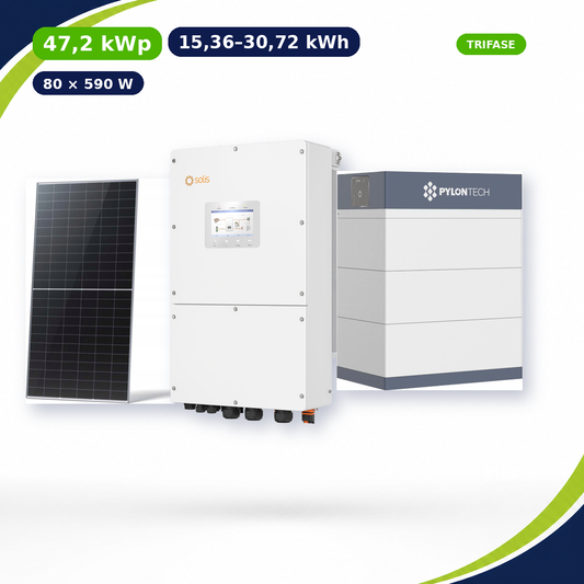 Kit Fotovoltaico Solis 47,2 kWp con Accumulo 15,36–30,72 kWh – Ibrido 40 kW Trifase Commerciale Industriale con Accumulo