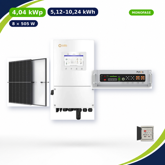 Kit Fotovoltaico Solis 4,04 kWp con Accumulo 5,12–10,24 kWh – Ibrido 3 kW Monofase Commerciale Industriale con Accumulo