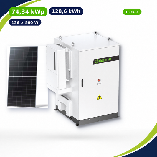 Kit All-in-One BESS 128,6 kWh + 74,34 kWp Fotovoltaico – Inverter Solis 50 kW Trifase Media Commerciale Industriale con Accumulo