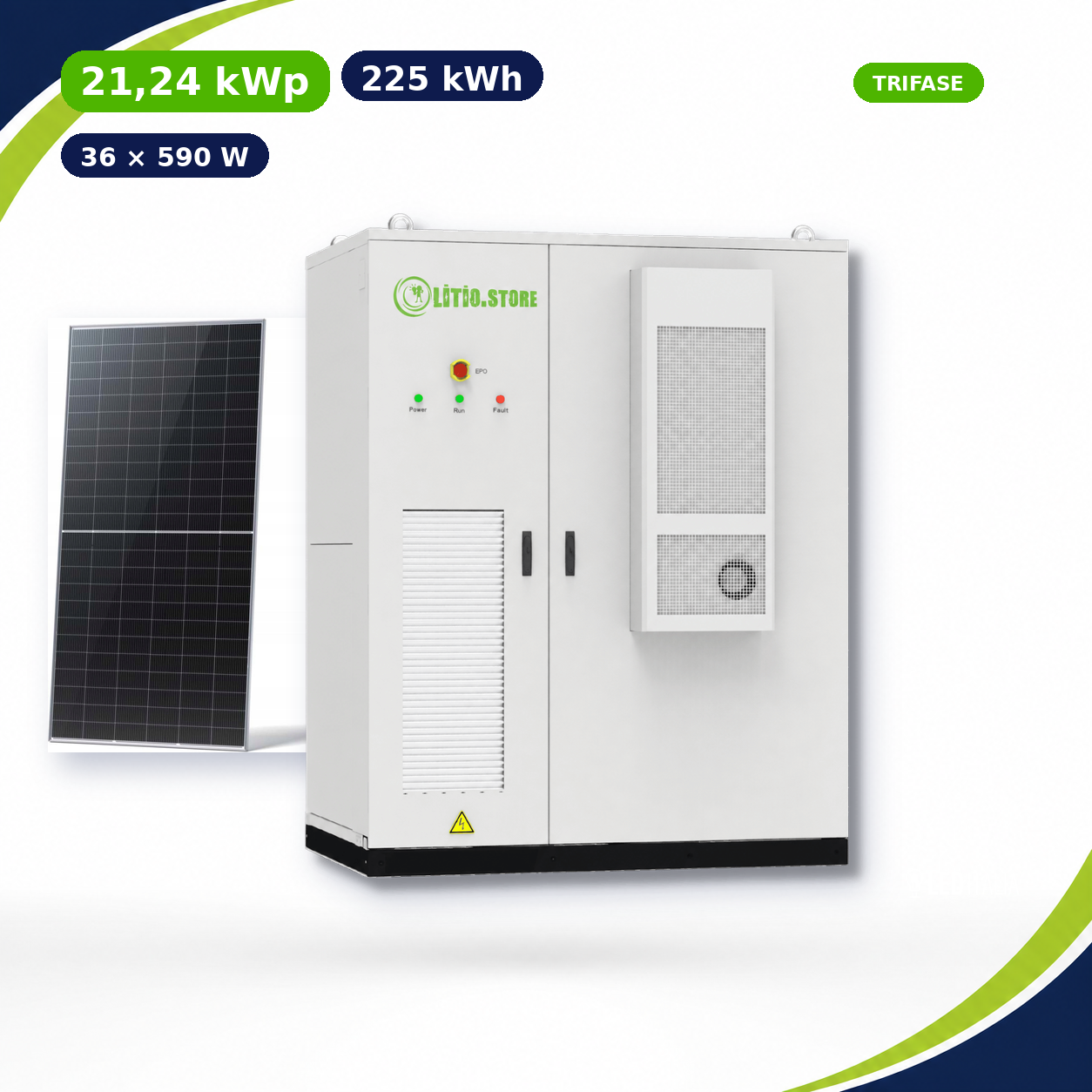 Kit All-in-One BESS 225 kWh + 21,24 kWp Fotovoltaico – Inverter Solis 100 kW Trifase Commerciale Industriale con Accumulo