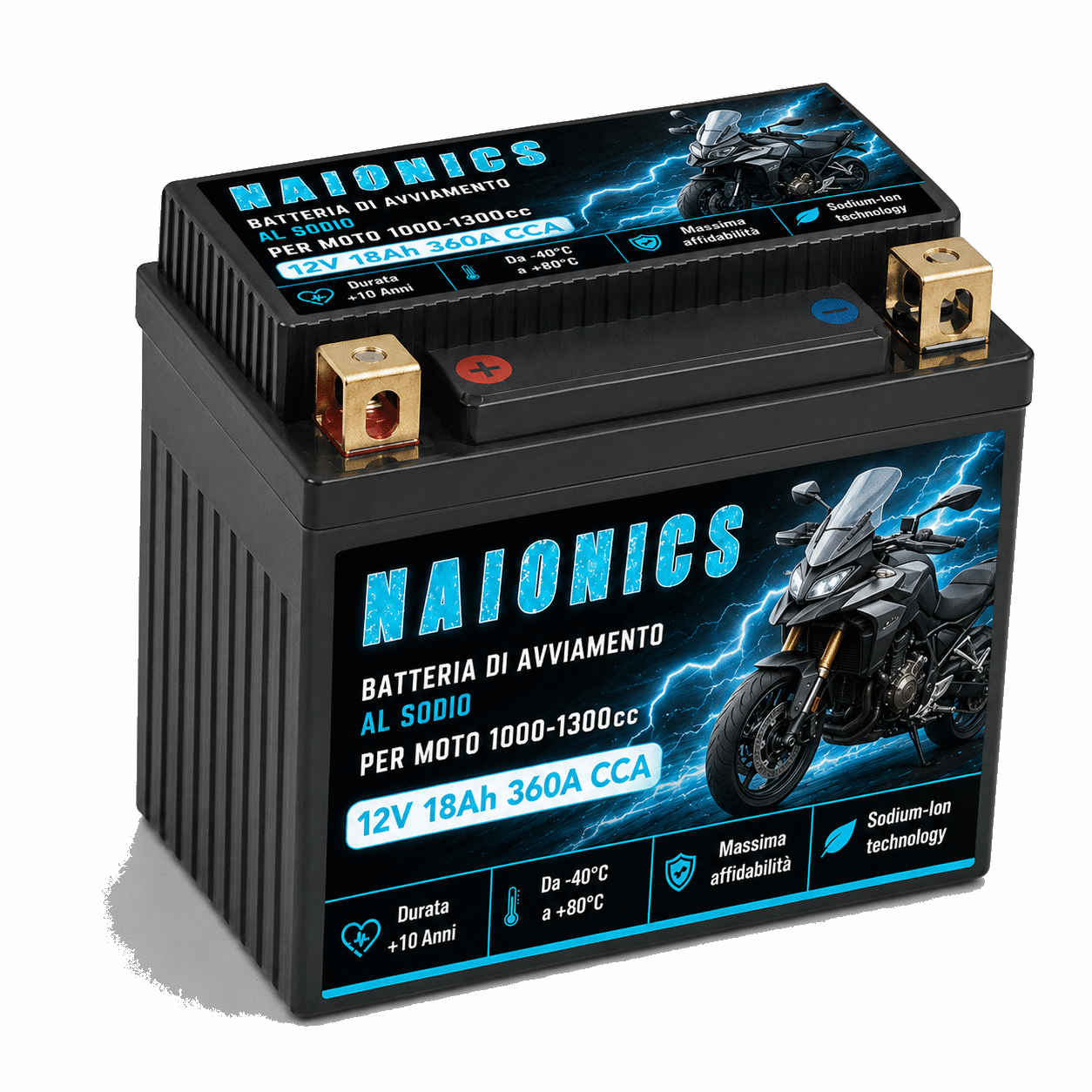 Batteria al Sodio per avviamento Moto 1000cc-1300cc Naionics 12V 18Ah 360A CCA EverStart Series YTX20L-BS-M3