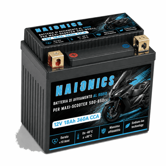 Batteria al Sodio per avviamento Scooter oltre 500cc Naionics 12V 18Ah 360A CCA EverStart Series YTX20L-BS-M8