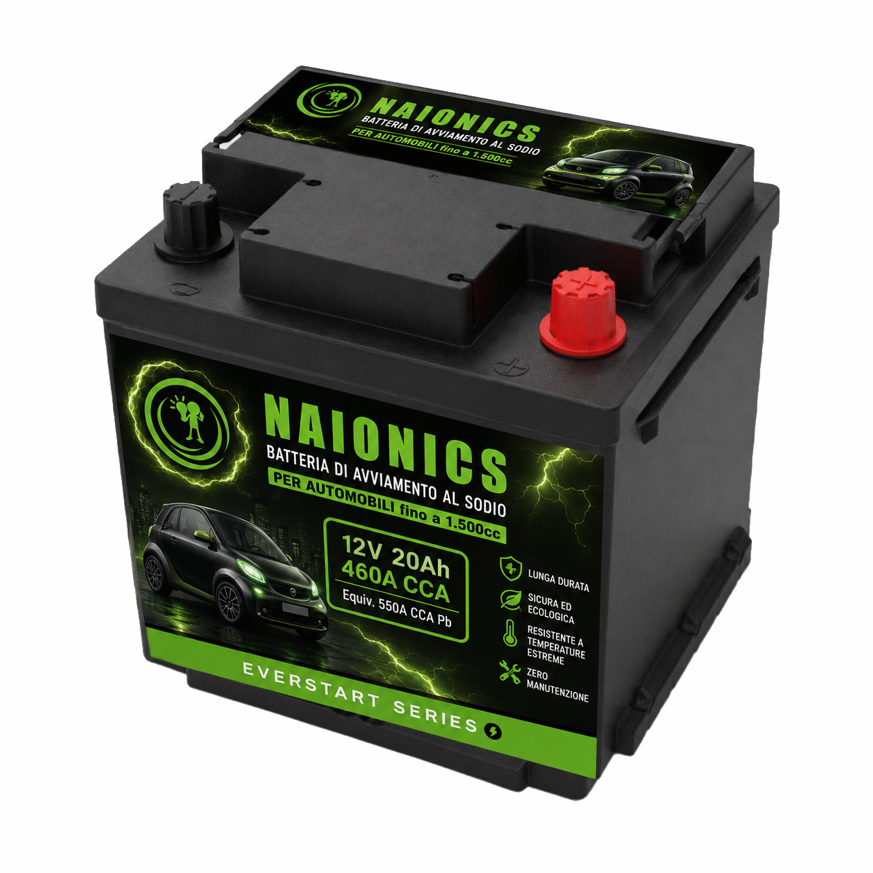 Batteria al Sodio per avviamento Auto fino a 1500cc Naionics 12V 20Ah 460 CCA 207x175x189mm - EverStart Series NA1202001A1
