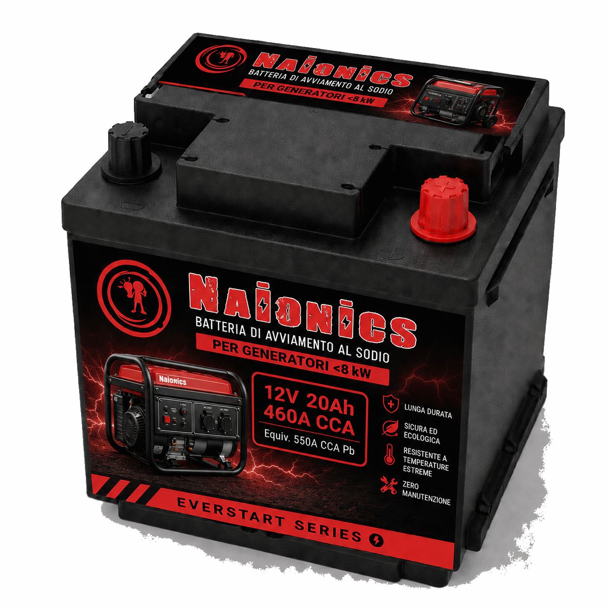 Batteria al Sodio per avviamento Generatori fino a 8kW Naionics 12V 20Ah 460 CCA 207x175x189mm EverStart Series NA12020G1