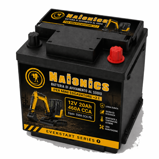 Batteria al Sodio per avviamento mini Escavatore fino a 2 t ton Naionics 12V 20Ah 460 CCA 207x175x189mm EverStart Series NA12020E1