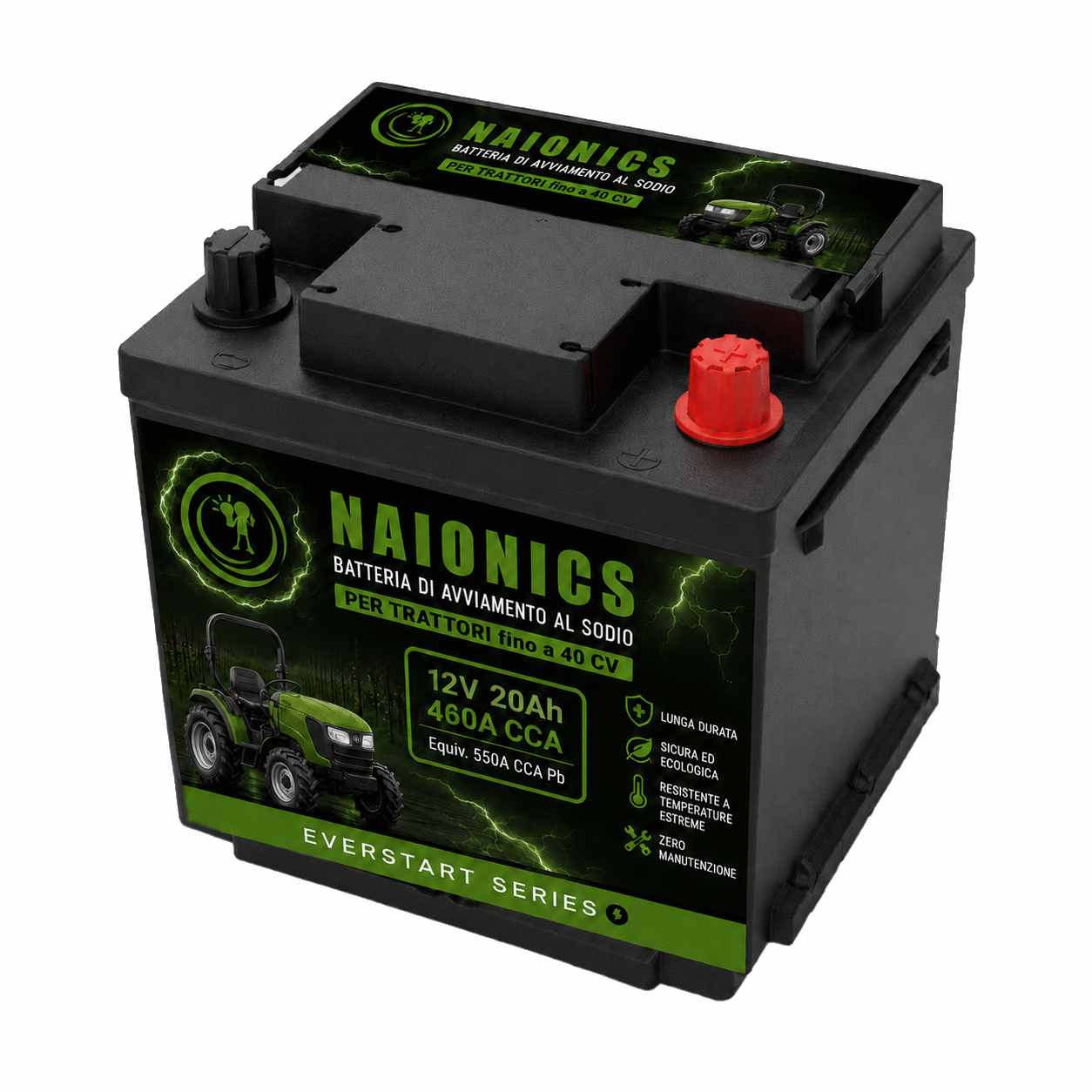 Batteria al Sodio per avviamento Trattori fino a 40 CV Naionics 12V 20Ah 460 CCA 207x175x189mm EverStart Series NA12020T1