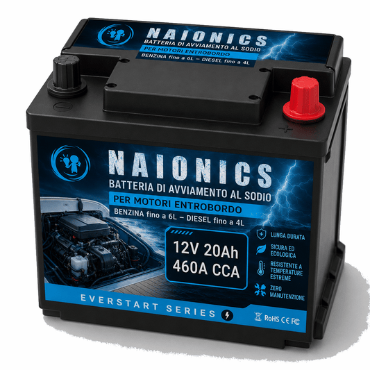 Batteria al Sodio per avviamento Motori Entrobordo benzina 6L Diesel 4L Naionics 12V 20Ah 460 CCA 207x175x189mm EverStart Series NA12020N1 Nautica