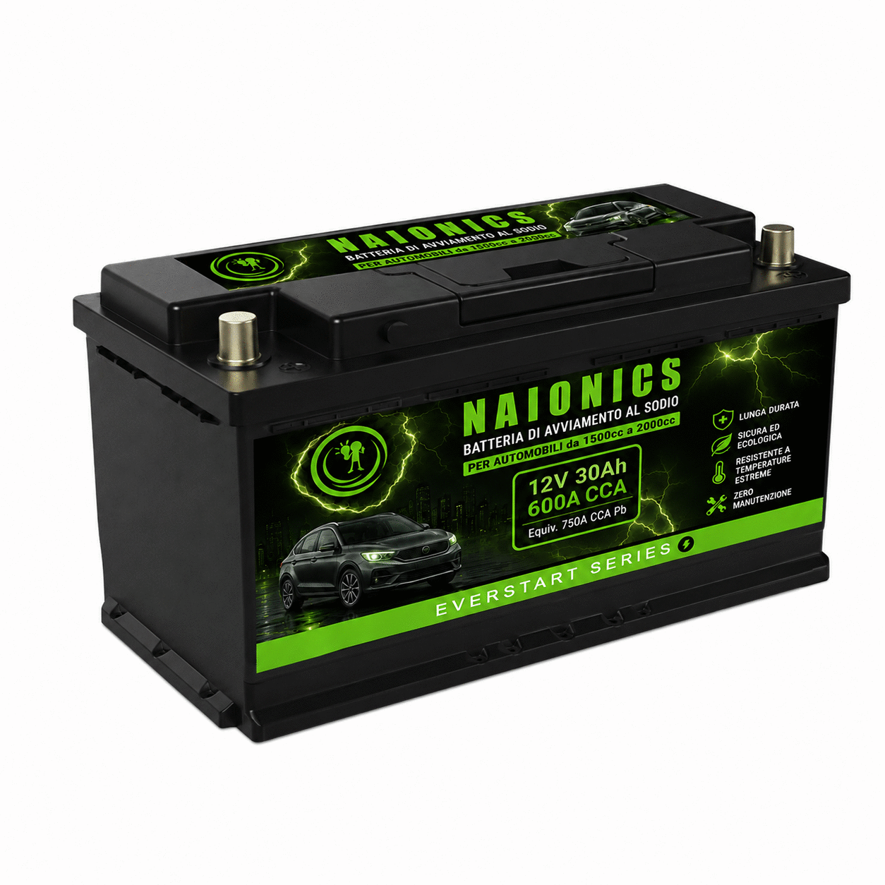 Batteria al Sodio per avviamento Auto da 1500cc a 2000cc Naionics 12V 30Ah 300 CCA 355x176x188mm - EverStart Series NA12030001A3