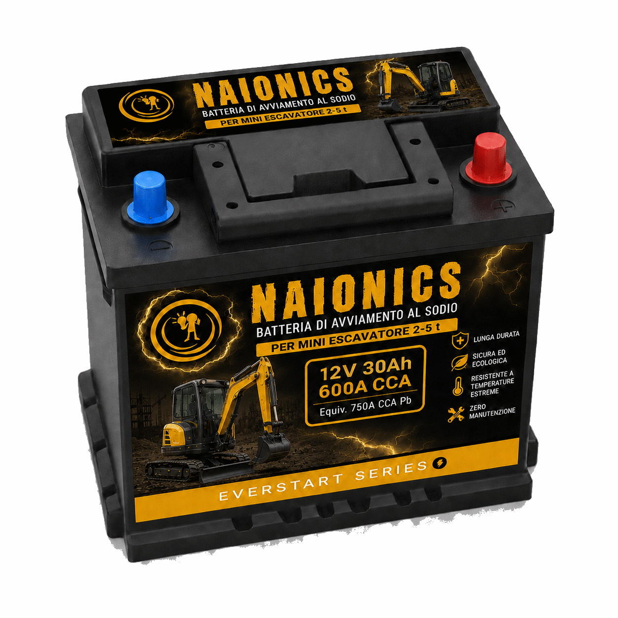 Batteria al Sodio per avviamento mini Escavatori da 2 a 5 t ton Naionics 12V 30Ah 300 CCA 230x175x200mm - EverStart Series NA12030E2