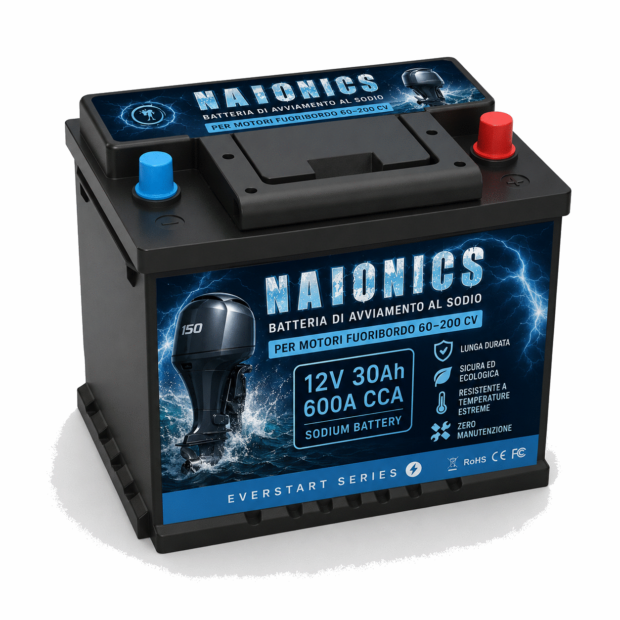 Batteria al Sodio per avviamento Motori Fuoribordo da 60 a 200 CV Naionics 12V 30Ah 300 CCA 230x175x200mm - EverStart Series NA12030N2